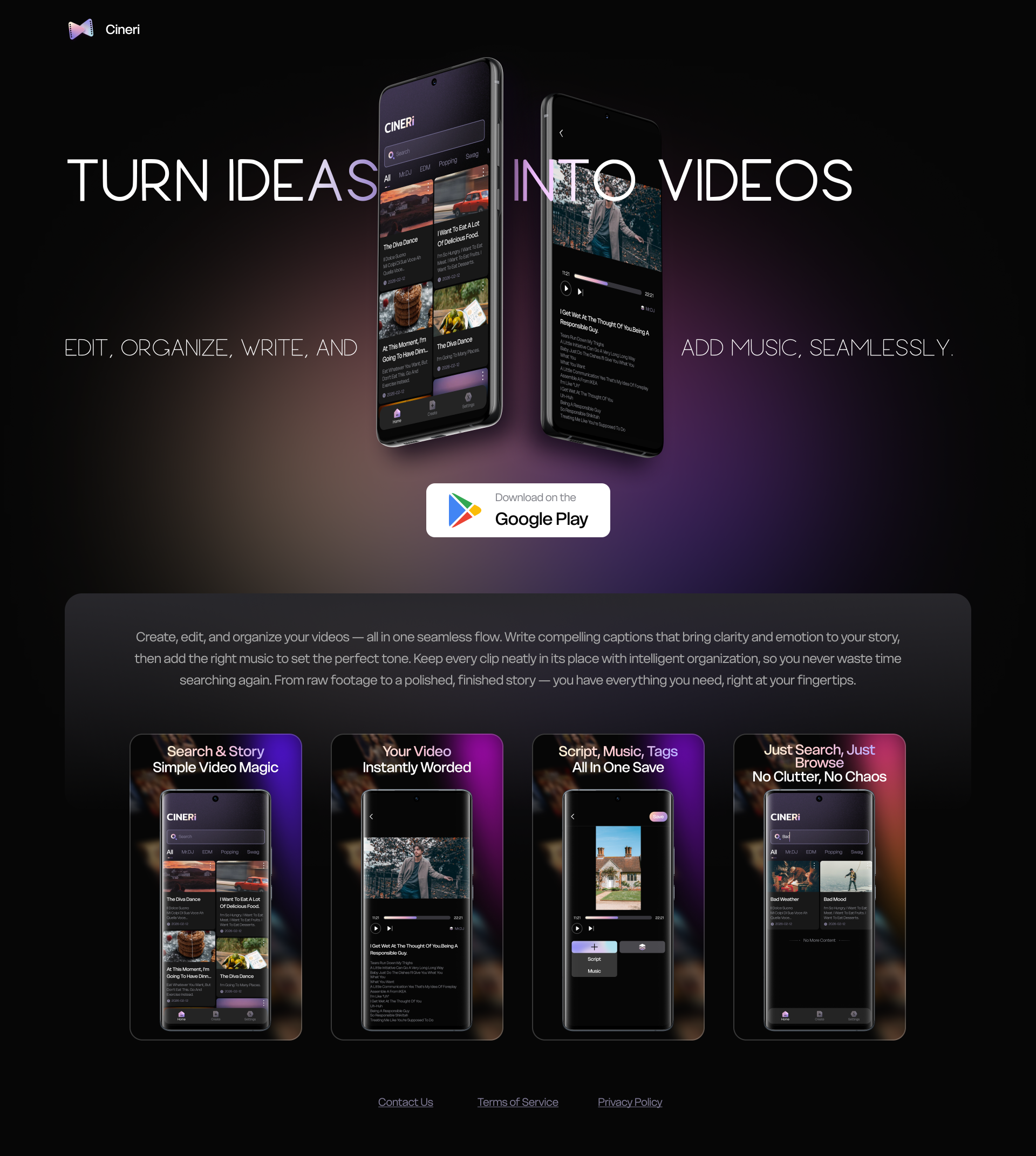 Cineri website preview with app screens